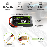6 x OVONIC 3,7 V 25 C 380 mAh 1S Lipo-Akku mit Molex-Stecker für kleine FPV-Drohnen, Mikrodrohnen, Freestyle und Racing